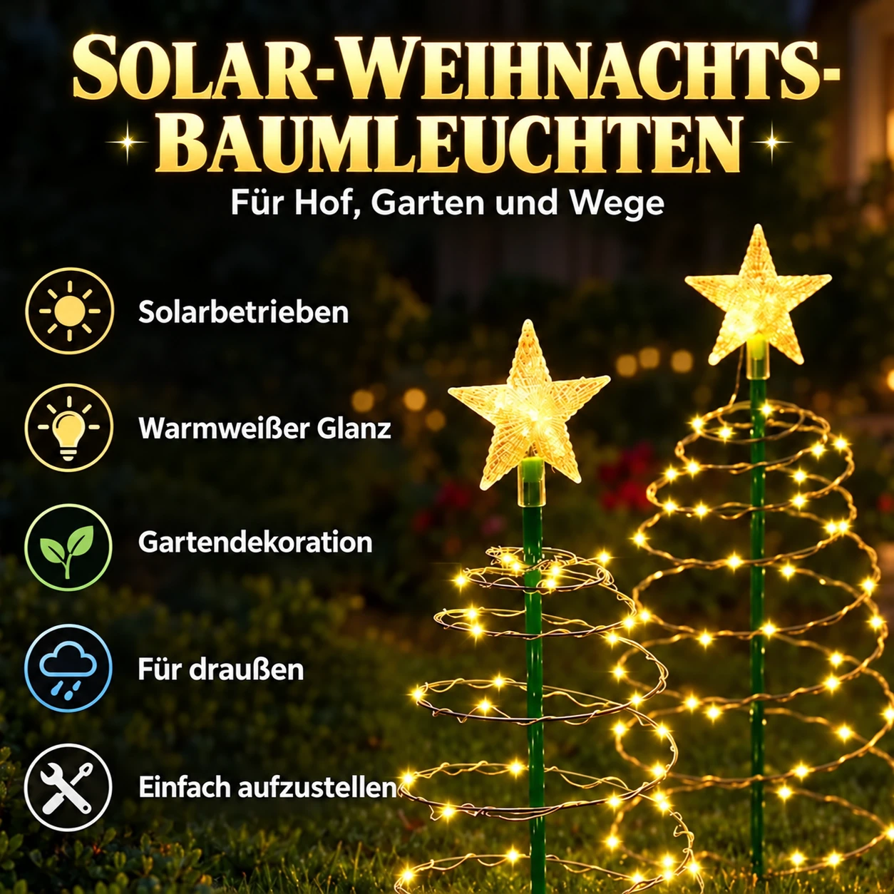 Solarbetriebene spiralförmige Weihnachtsbaumbeleuchtung mit Sternspitze
