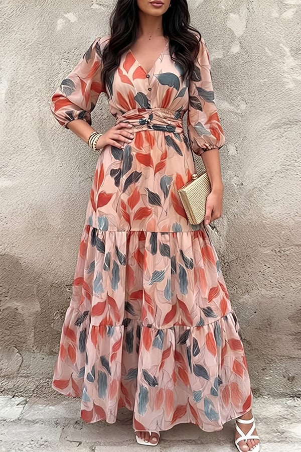 Bohemian Floral Maxi Dress for Women – V-Neck Puff Sleeve Summer Dress