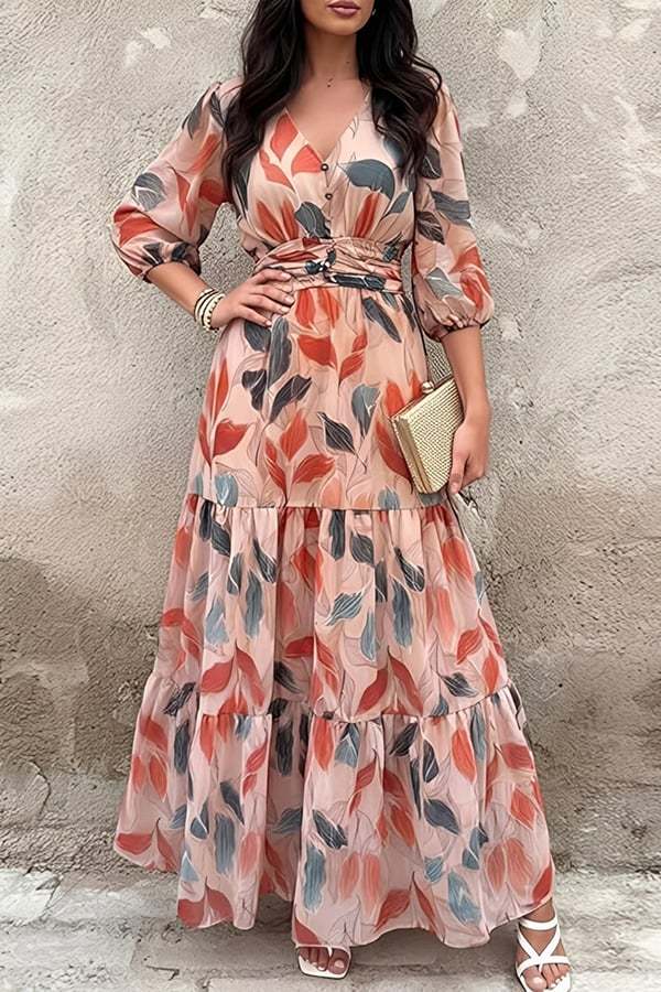 Bohemian Floral Maxi Dress for Women – V-Neck Puff Sleeve Summer Dress