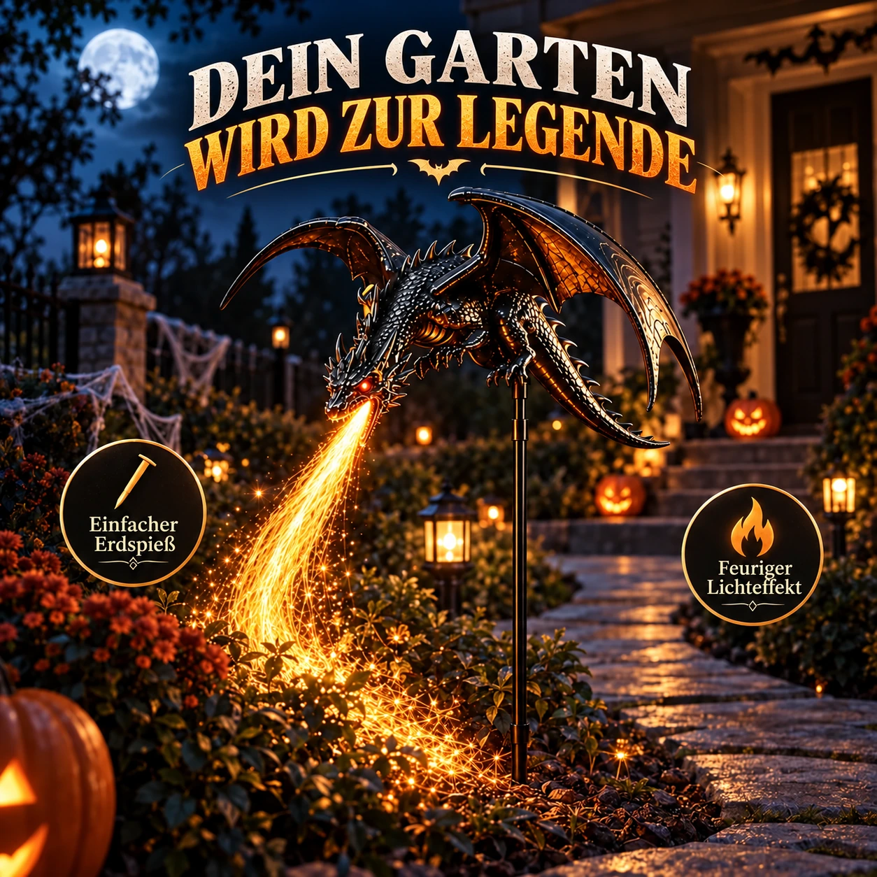 Halloween-Solar-Gartenstecker mit feuerspeiendem Drachen
