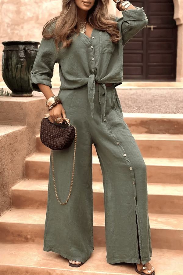 Women’s Lapel Slit Button Casual Pants Suit(Buy 2 Free Shipping)