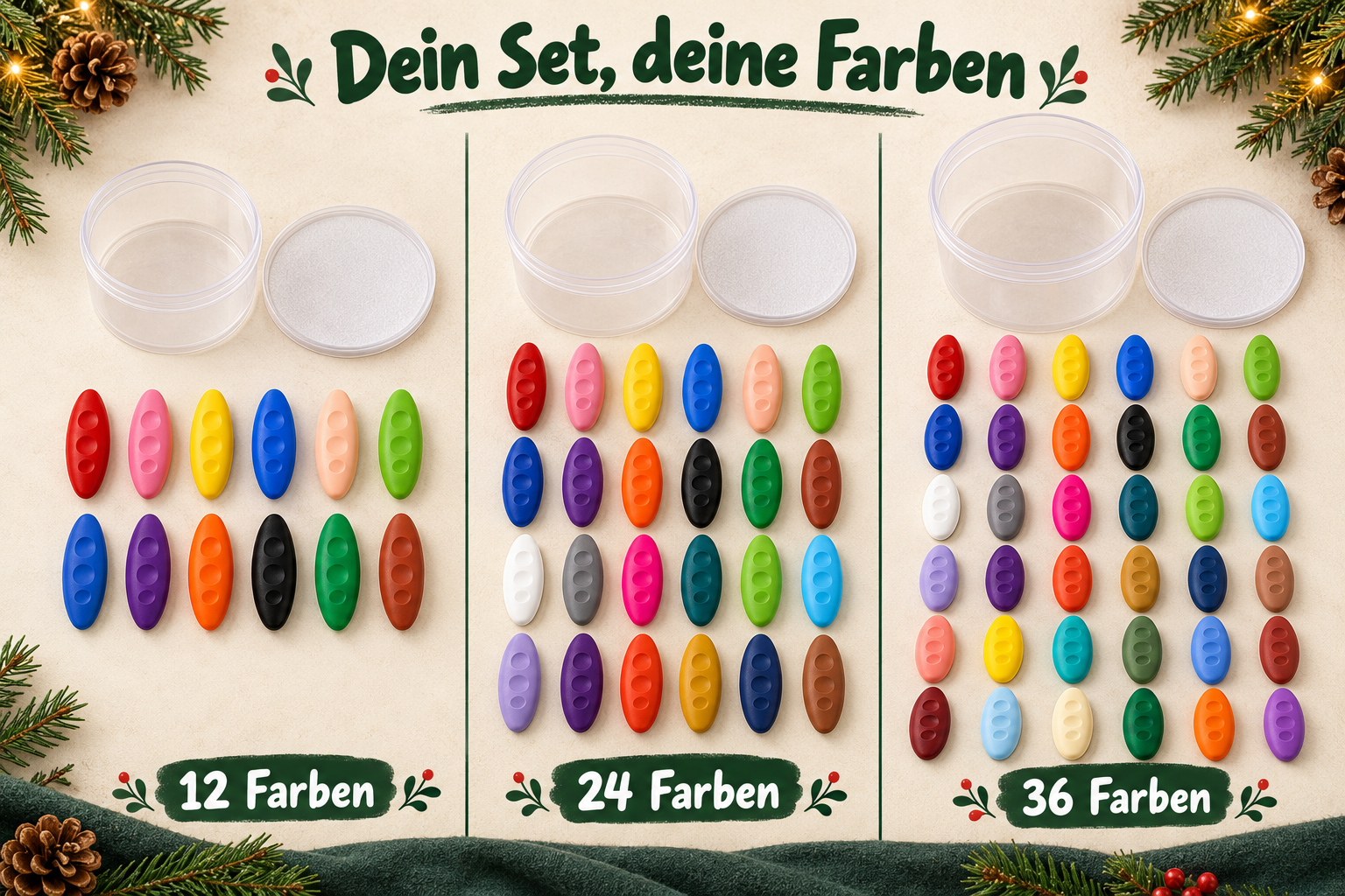 Übersicht der drei Sets mit jeweils 12, 24 oder 36 Wachsmalstiften