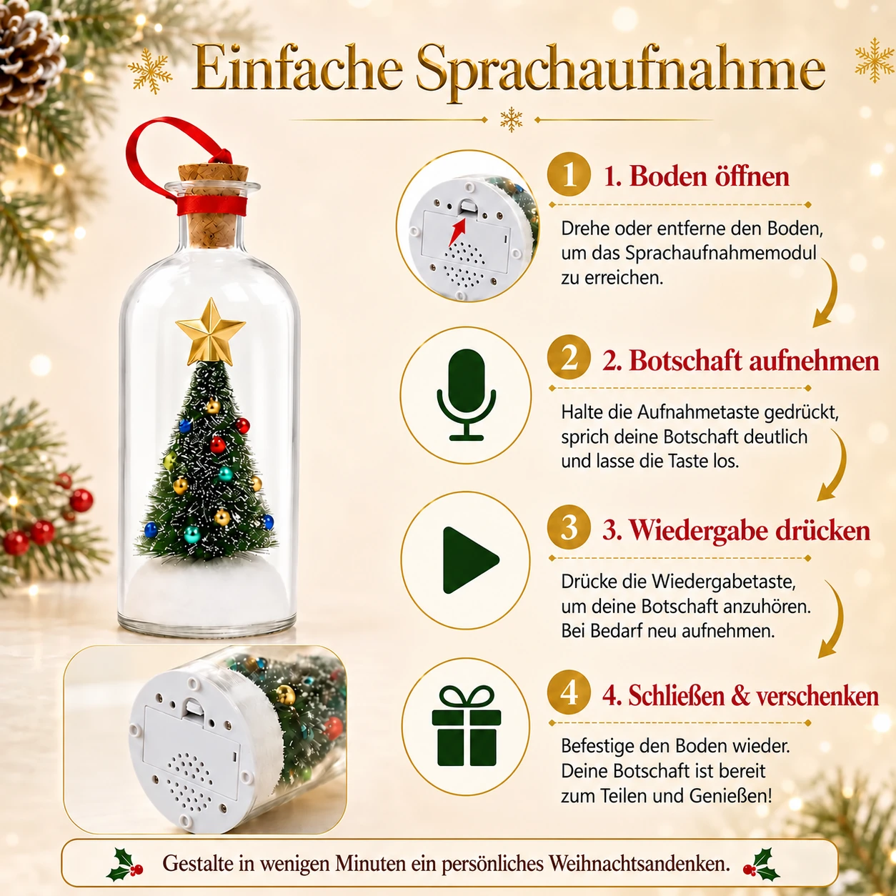 Weihnachtsbaum-Erinnerungsflasche mit Sprachaufnahme – Geschenk mit persönlicher Sprachnachricht