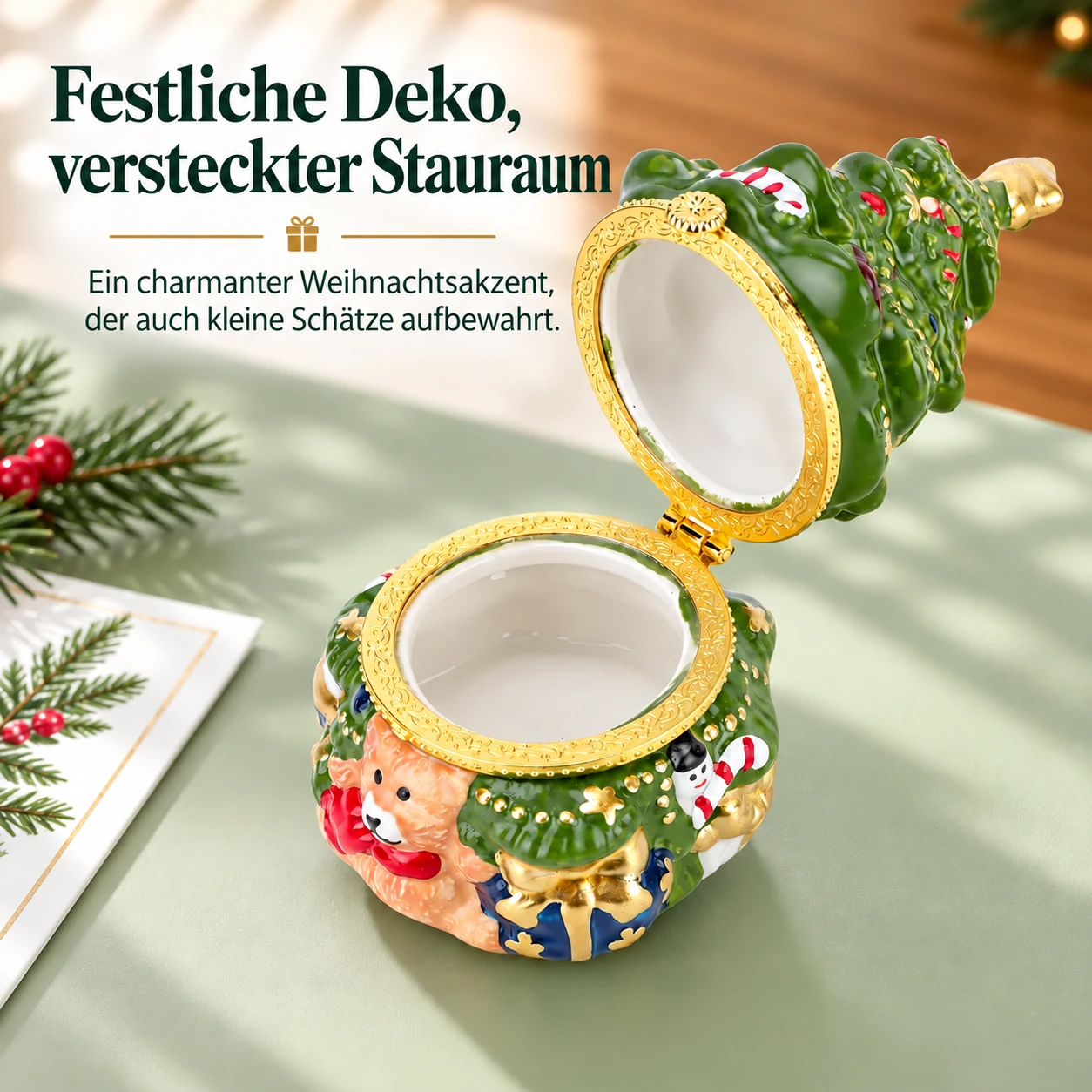 Geöffnetes Keramik-Weihnachtsbaum-Kerzengefäß mit Scharnier