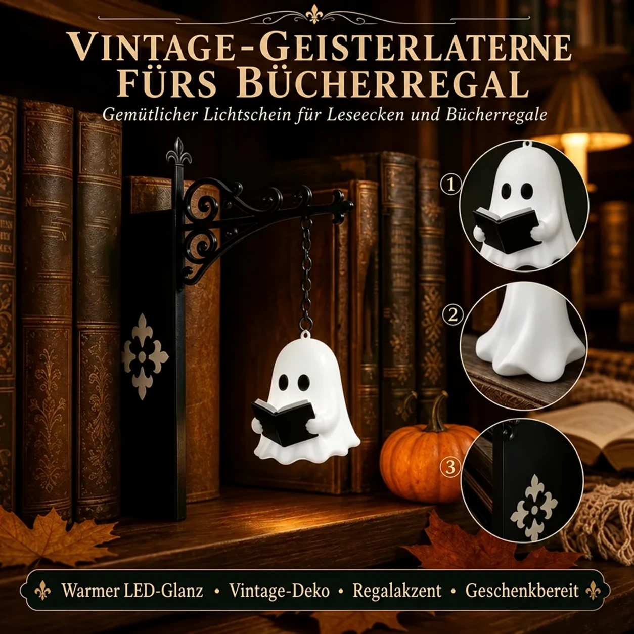 Verzauberte Bücherregal-Einsteckleuchte – Vintage-Laterne oder lesender Geist