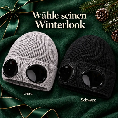 Strickmütze mit Fliegerbrillenmotiv | Verspieltes Wintergeschenk