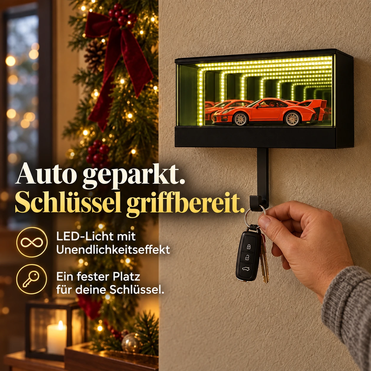 Infinity Garage LED-Schlüsselhalter – schwarze Mini-Auto-Ausstellung