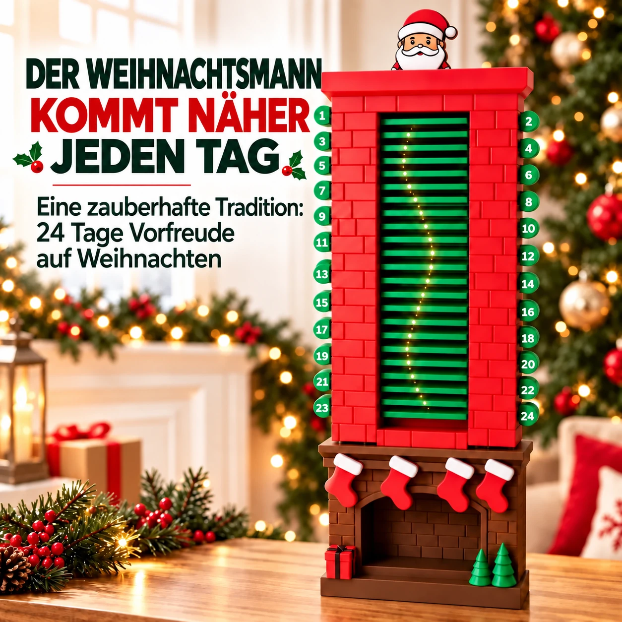 24-Tage-Weihnachts-Countdown-Kalender mit Weihnachtsmann im Kamin