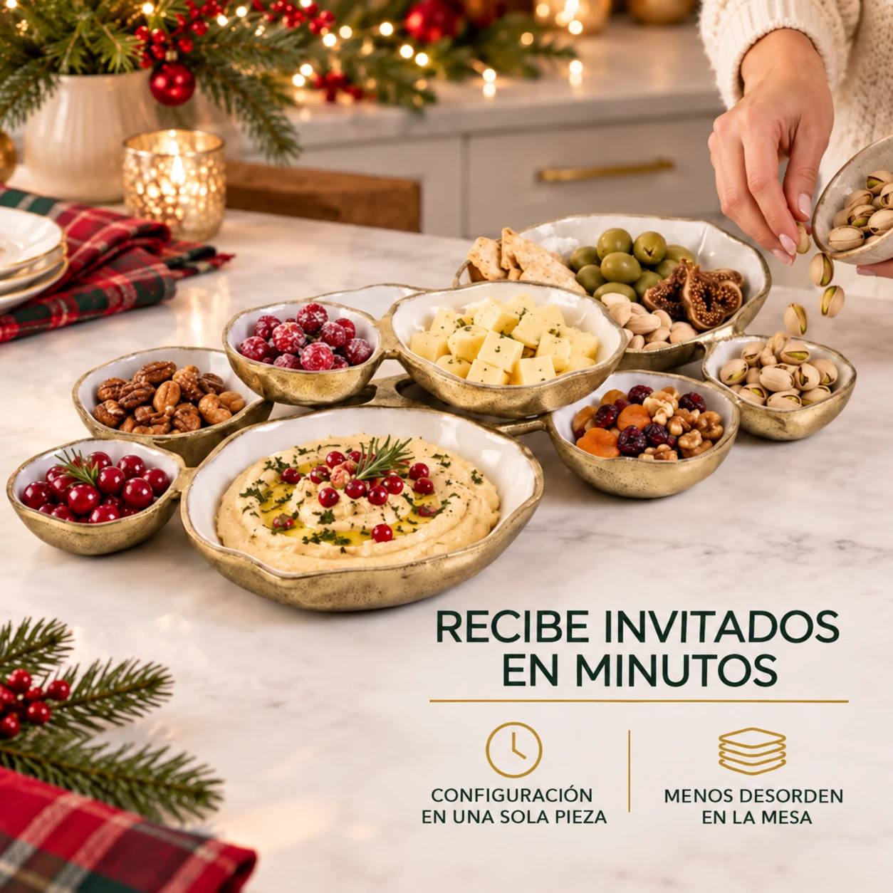 Golden Gathering – charola con 9 tazones | Blanco y dorado