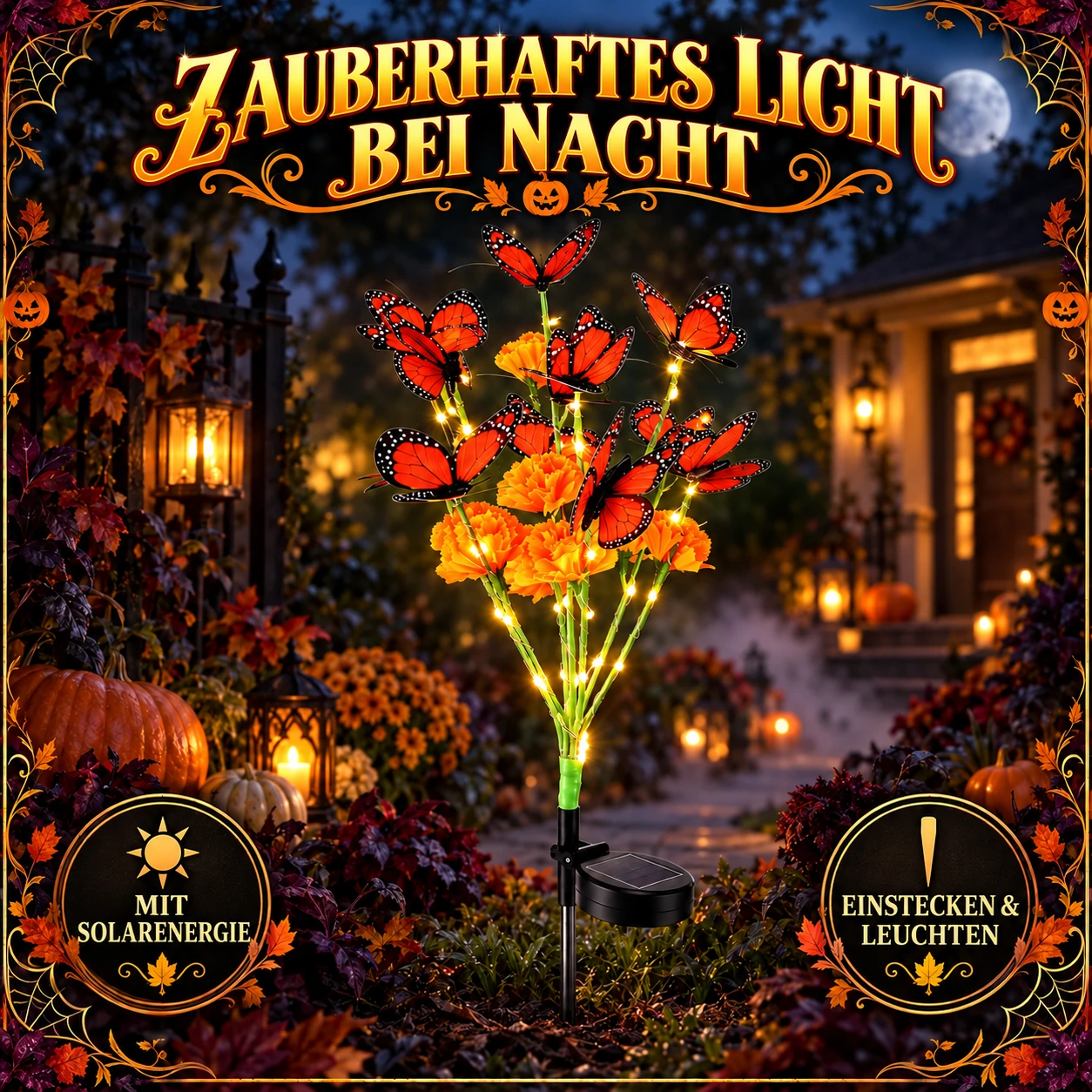Solar-Gartenleuchte mit Tagetes und Schmetterling – Halloween- und Día-de-Muertos-Deko