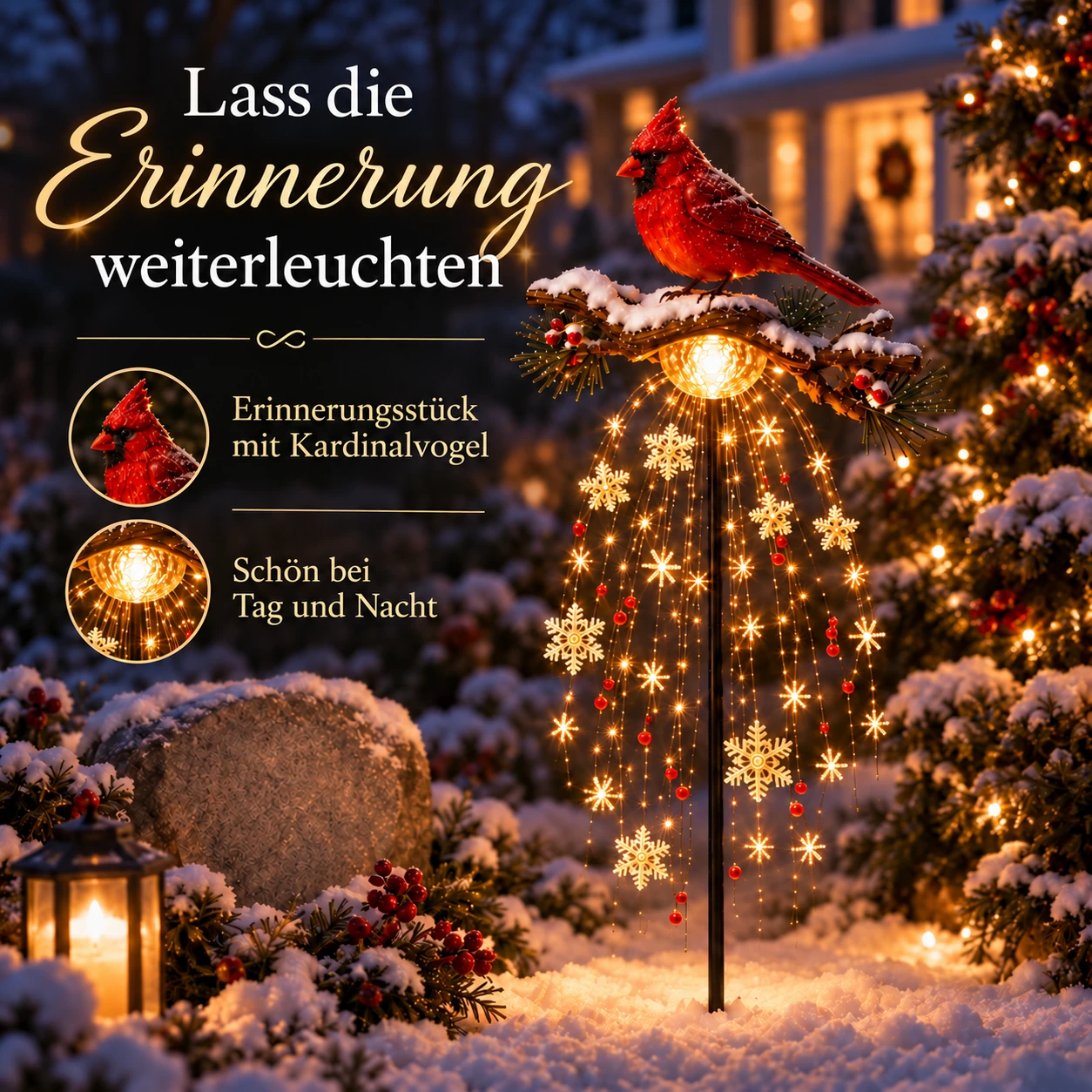 Beleuchteter Weihnachts-Gartenstecker mit Kardinalvogel und Erinnerungsbrunnen