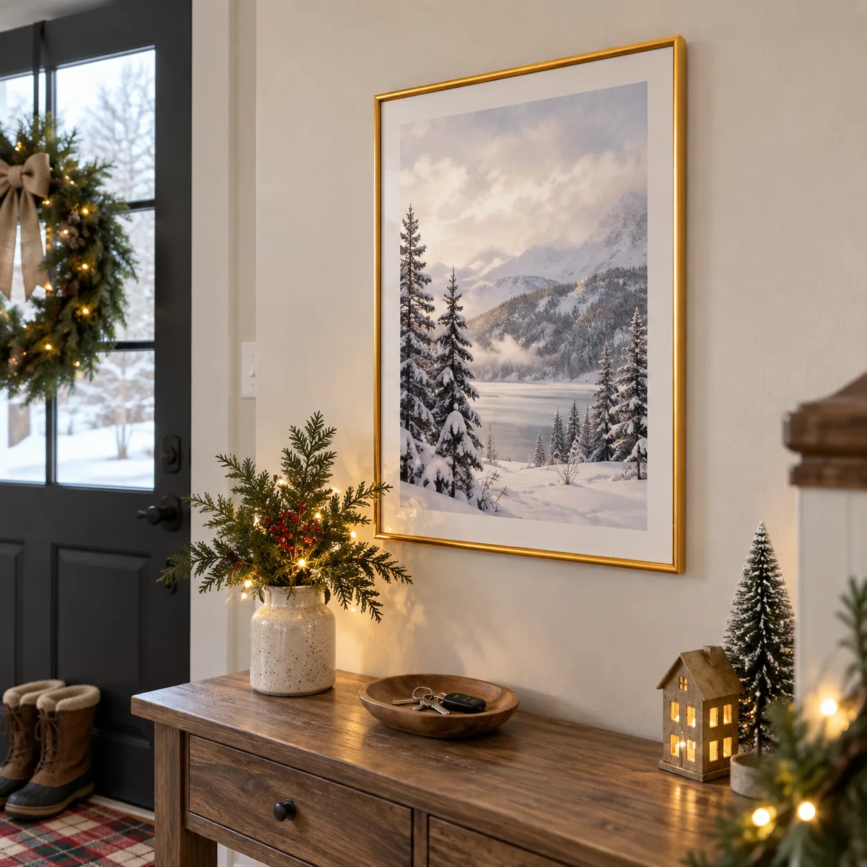 Foto i kundestil af en A3-guldramme i en juleentré