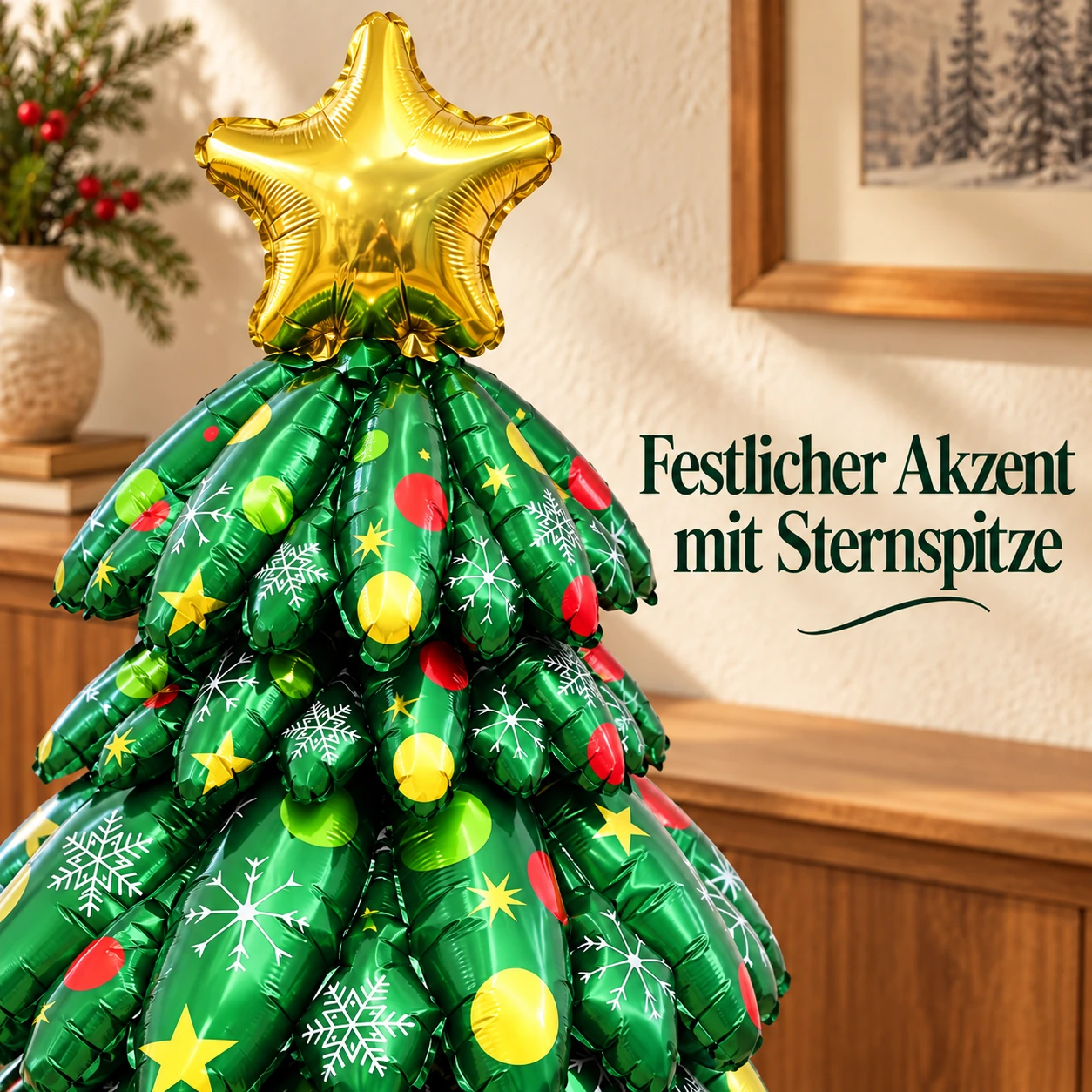 Nahaufnahme von goldenem Stern und bedruckten grünen Folienzweigen am Ballon-Weihnachtsbaum