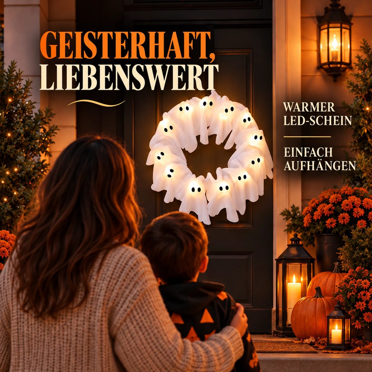 Geisterkranz mit 12 Lichtern – leuchtende Halloween-Türdekoration