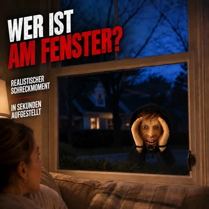 Realistisch aussehende Halloween-Scherzfigur, die durchs Fenster späht