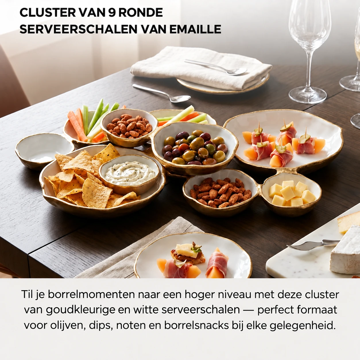 Golden Gathering – serveerschaal met 9 kommetjes | Wit &amp; goud