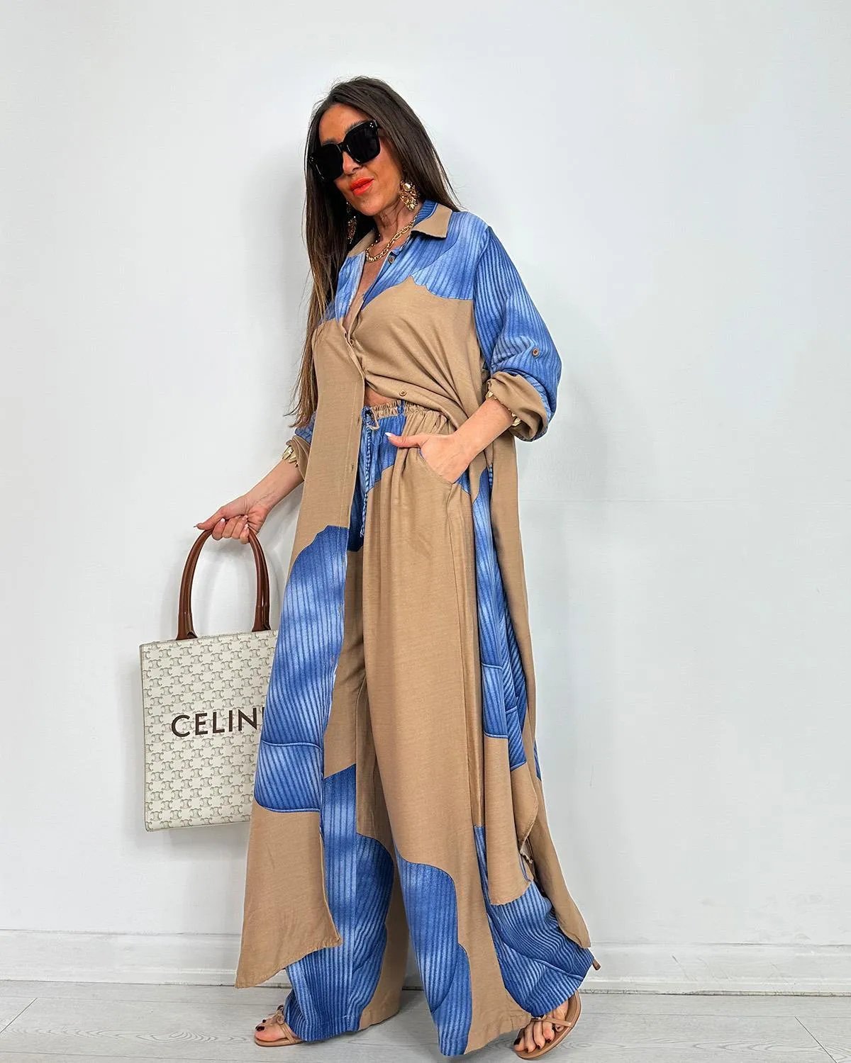 Pleated Chiffon Sleeveless Blouse & Wide Leg Palazzo Pants Set(Buy 2 Free Shipping)