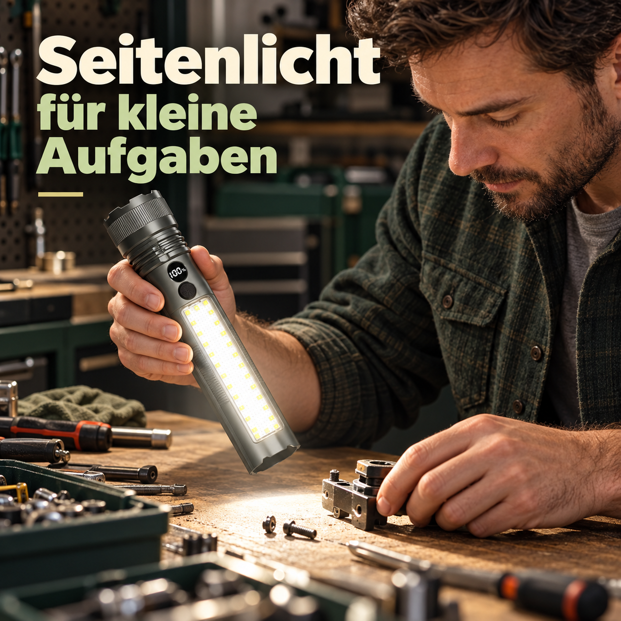 Seitliche Beleuchtung am Arbeitstisch in einer Garage
