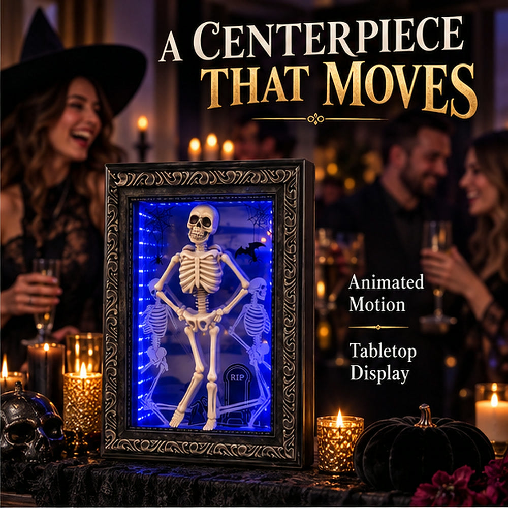 Infinity-spejlramme med lys og dansende skelet – animeret halloweenpynt