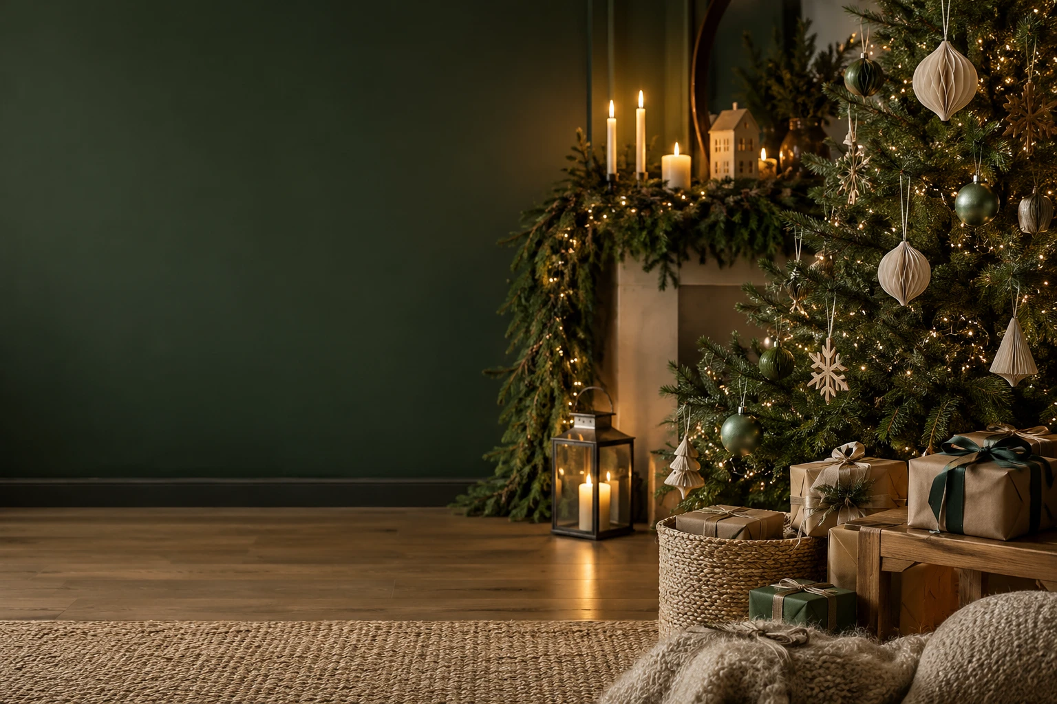 Juletræ med varme lys og naturlig pynt