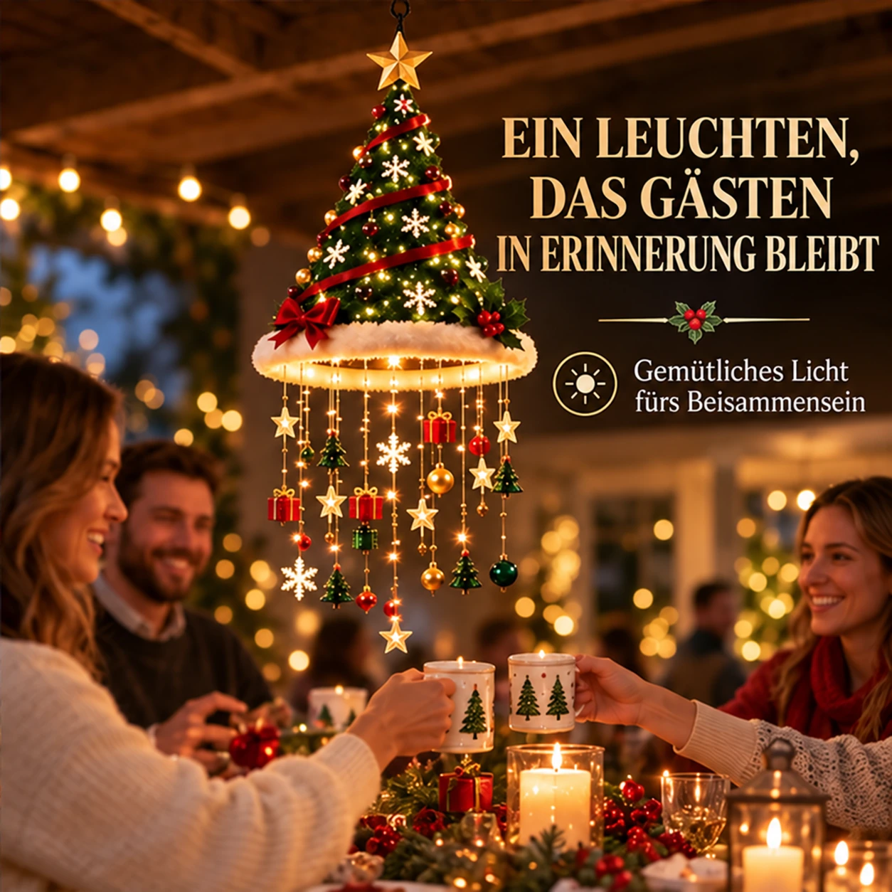 Beleuchteter Weihnachts-Hängeleuchter – Weihnachtsmütze, Baum und Glocken