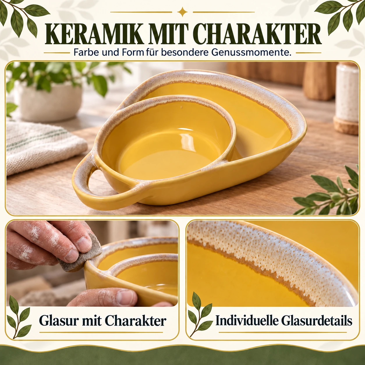 Handgefertigte Keramik-Servierschale mit Unterteilung und Seitengriff