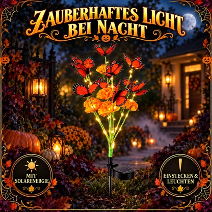 Solar-Gartenleuchte mit Tagetes und Schmetterling – Halloween- und Día-de-Muertos-Deko