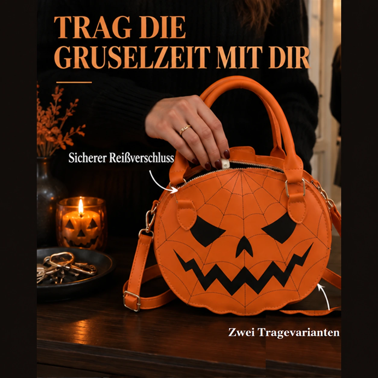 Orange Kürbis-Handtasche mit Spinnennetz – Halloween-Umhängetasche