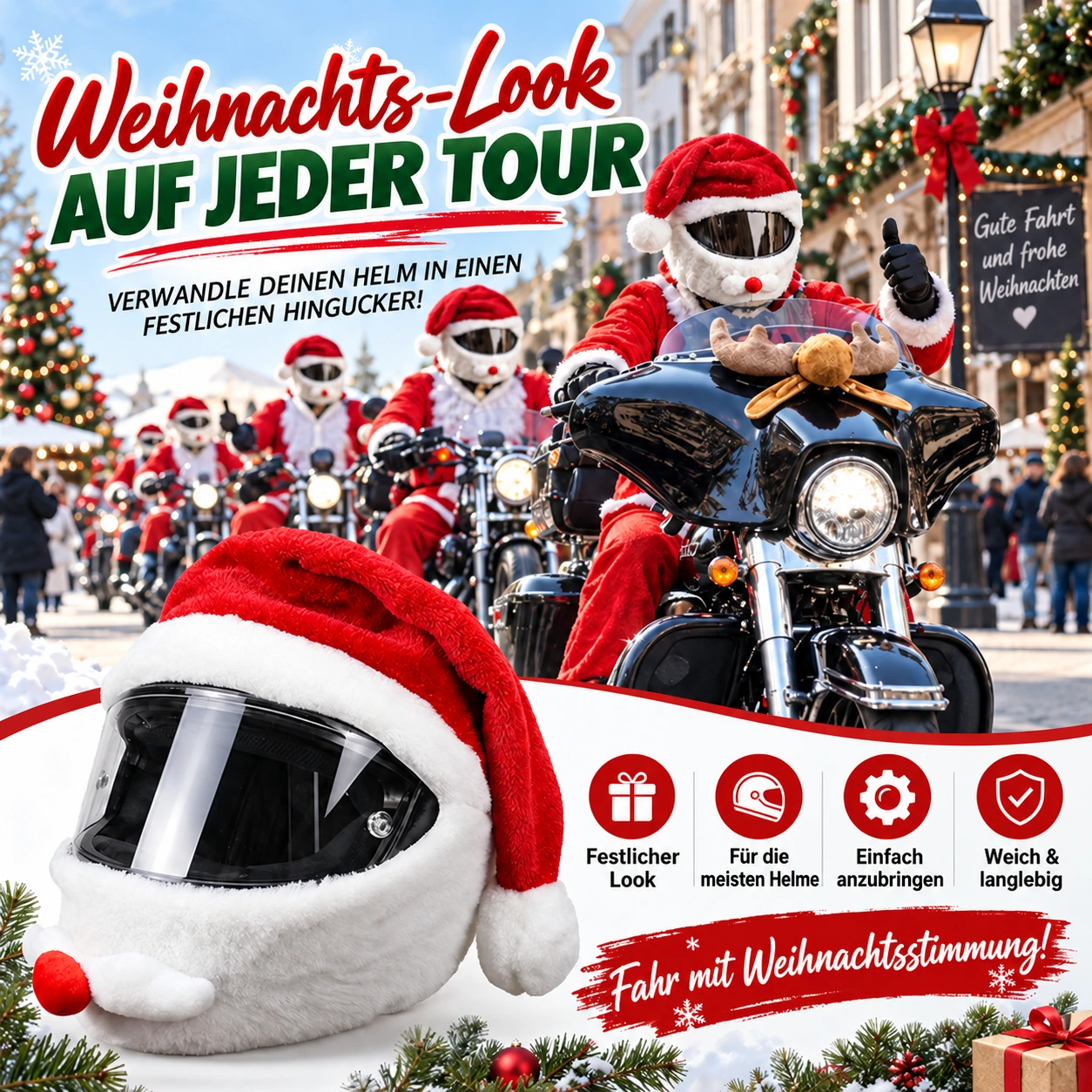 Motorradhelmbezug im Weihnachtsmann-Stil für Festtagsfahrten