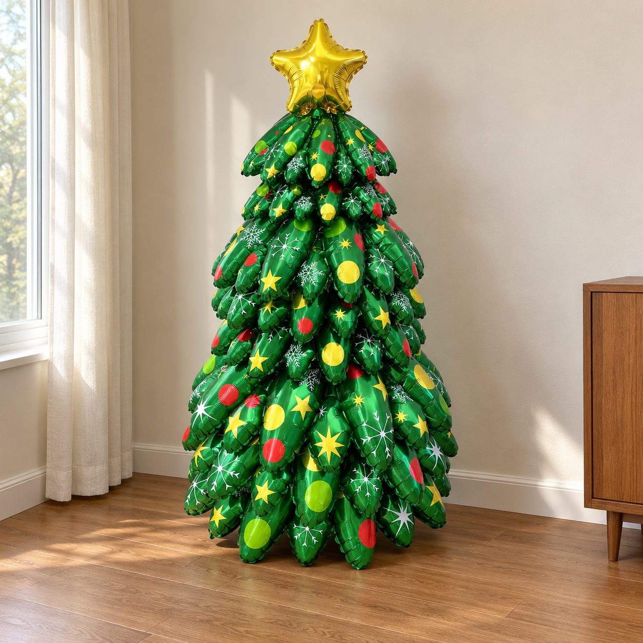One full green tree balloon decoration on an indoor floor