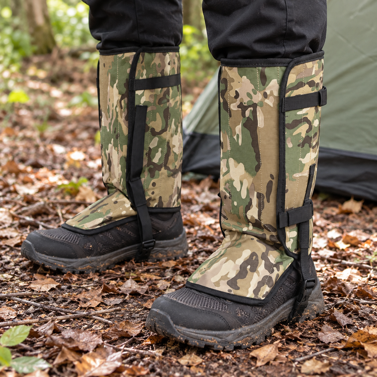 Camouflage gaiters covering the tops of separate hiking shoes