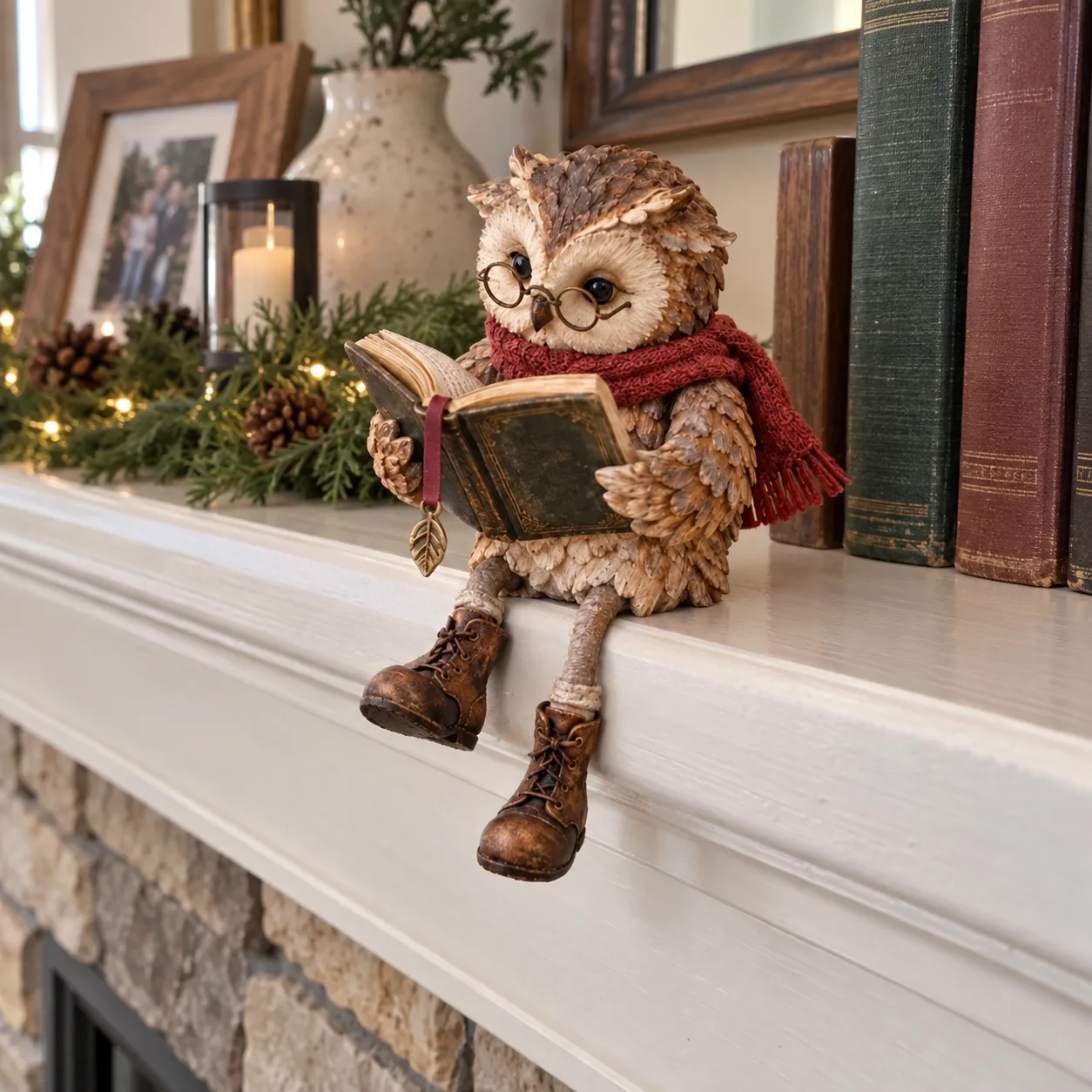 Reading owl on a holiday mantel