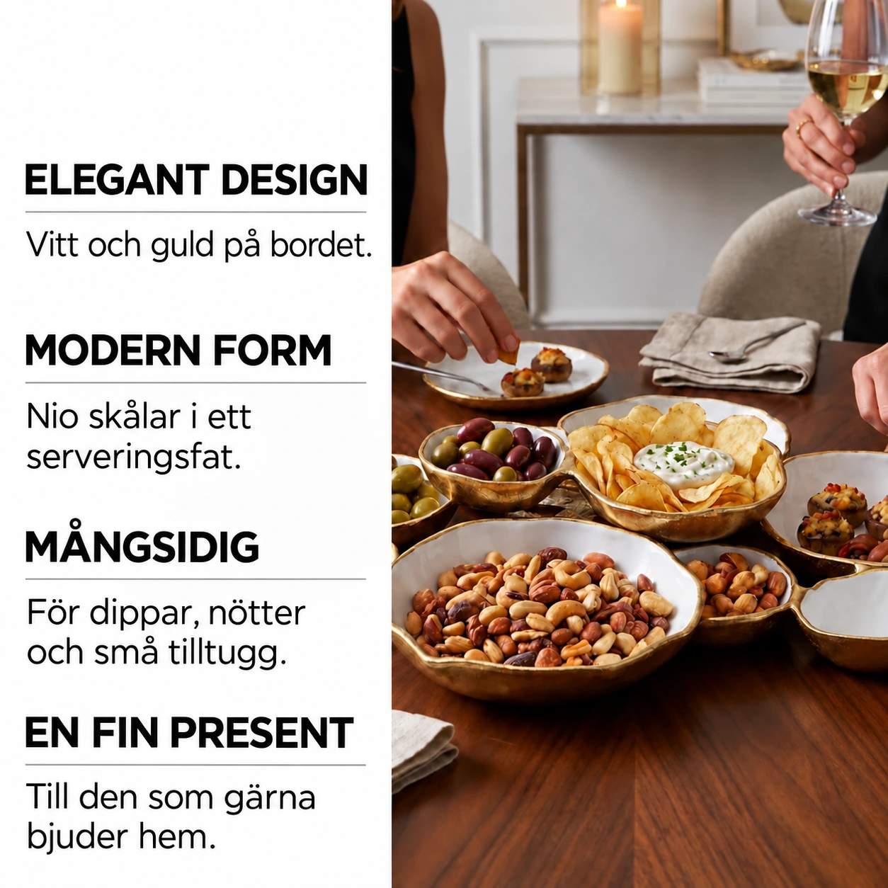 Golden Gathering – serveringsfat med 9 skålar | Vitt &amp; guld