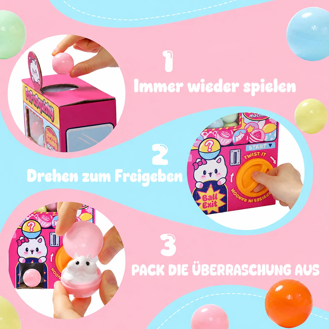 Dreischritt-Anleitung zum Einfüllen, Drehen und Öffnen einer Squishy-Kapsel
