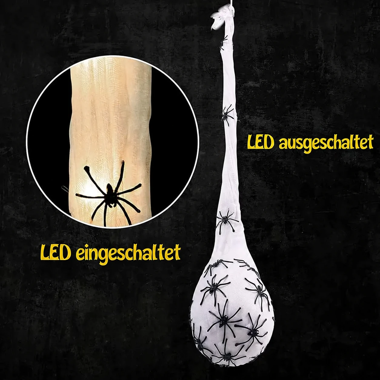Leuchtender hängender Spinneneisack als Halloween-Dekoration