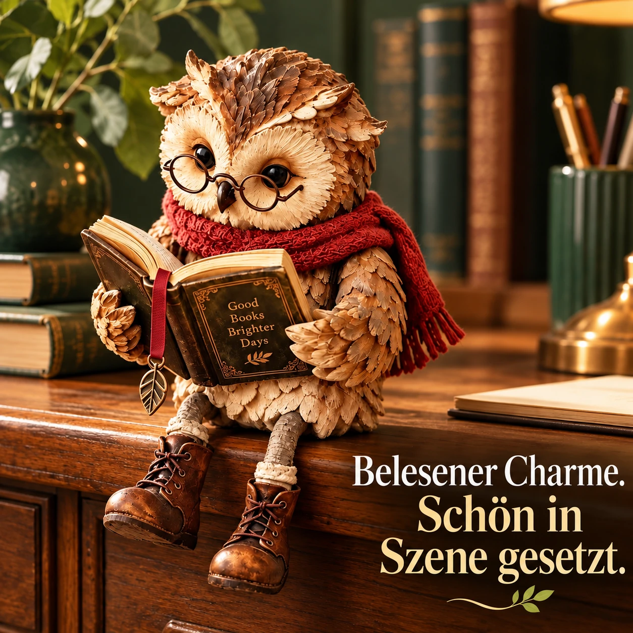 Lesende Eulenfigur für eine gemütliche Leseecke