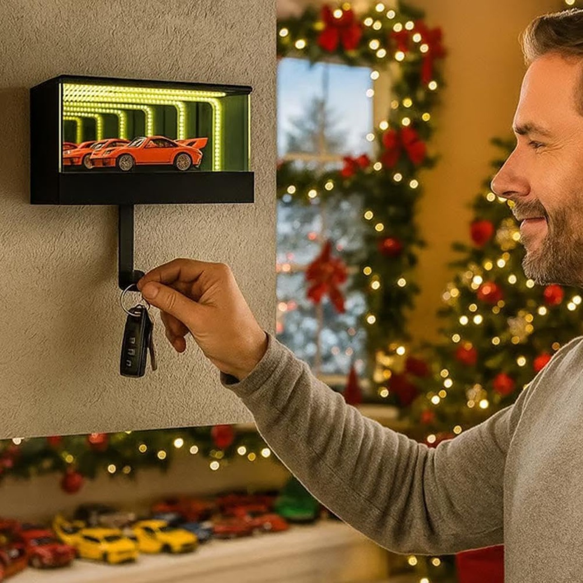 Infinity garage LED key holder product and holiday scene 1