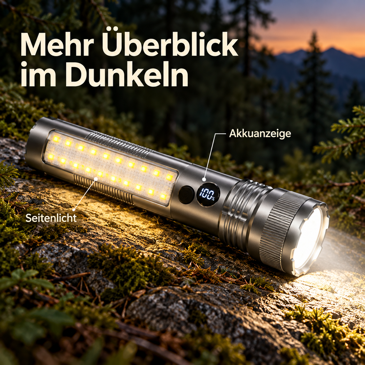 Taschenlampe mit Seitenlicht auf einem Waldweg