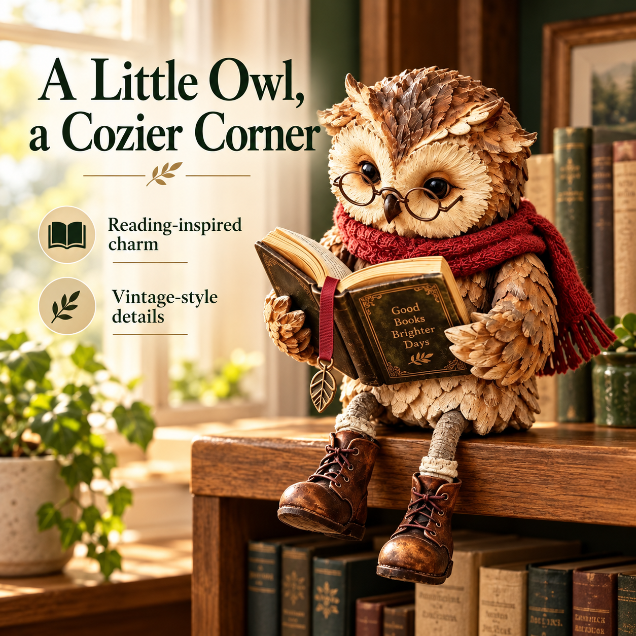 Reading owl figurine in a cozy reading corner