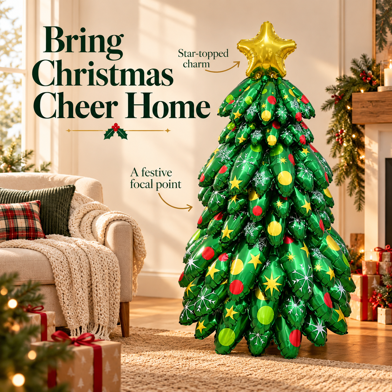 Green foil balloon Christmas tree with a gold star in a warm living room