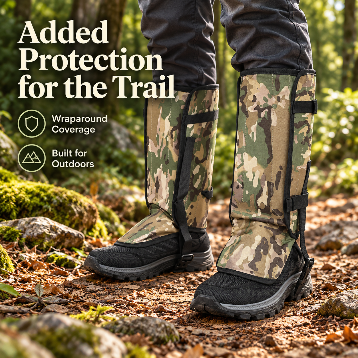 Camouflage wrap gaiters covering lower legs and shoe tops on a woodland trail