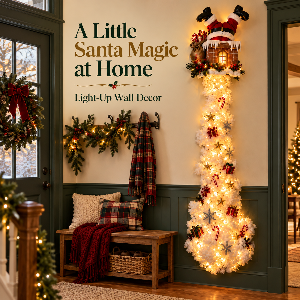 Santa chimney wall hanging with a glowing snowy cascade in an inviting entryway