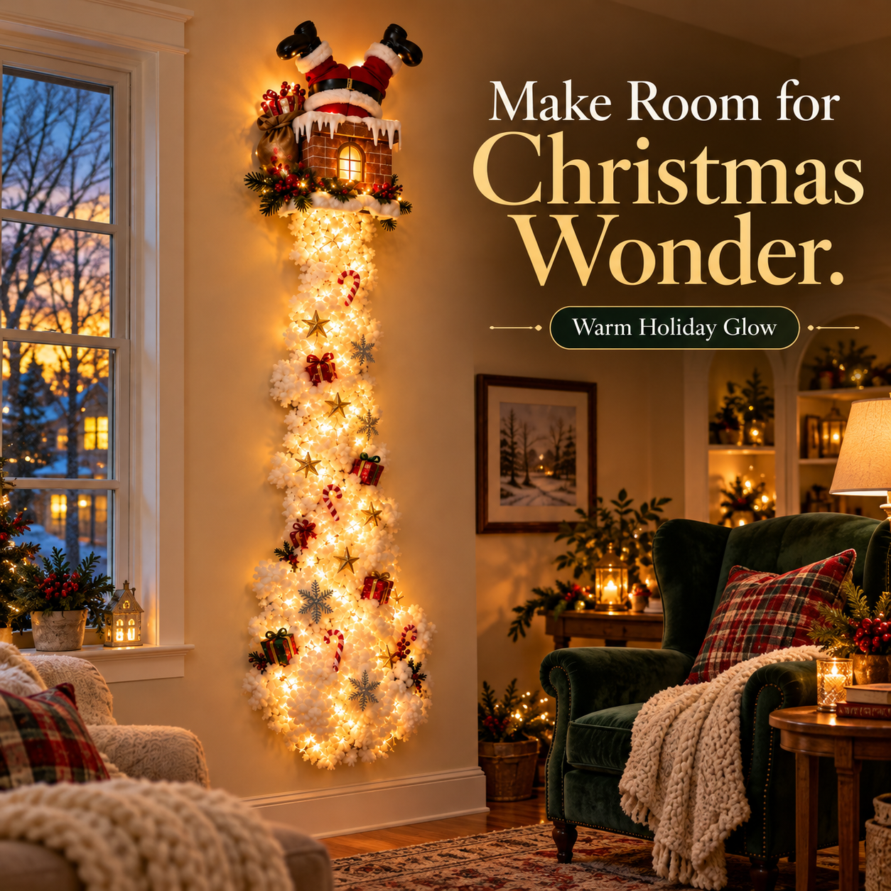 Santa chimney wall hanging with a glowing snowy cascade in an inviting entryway