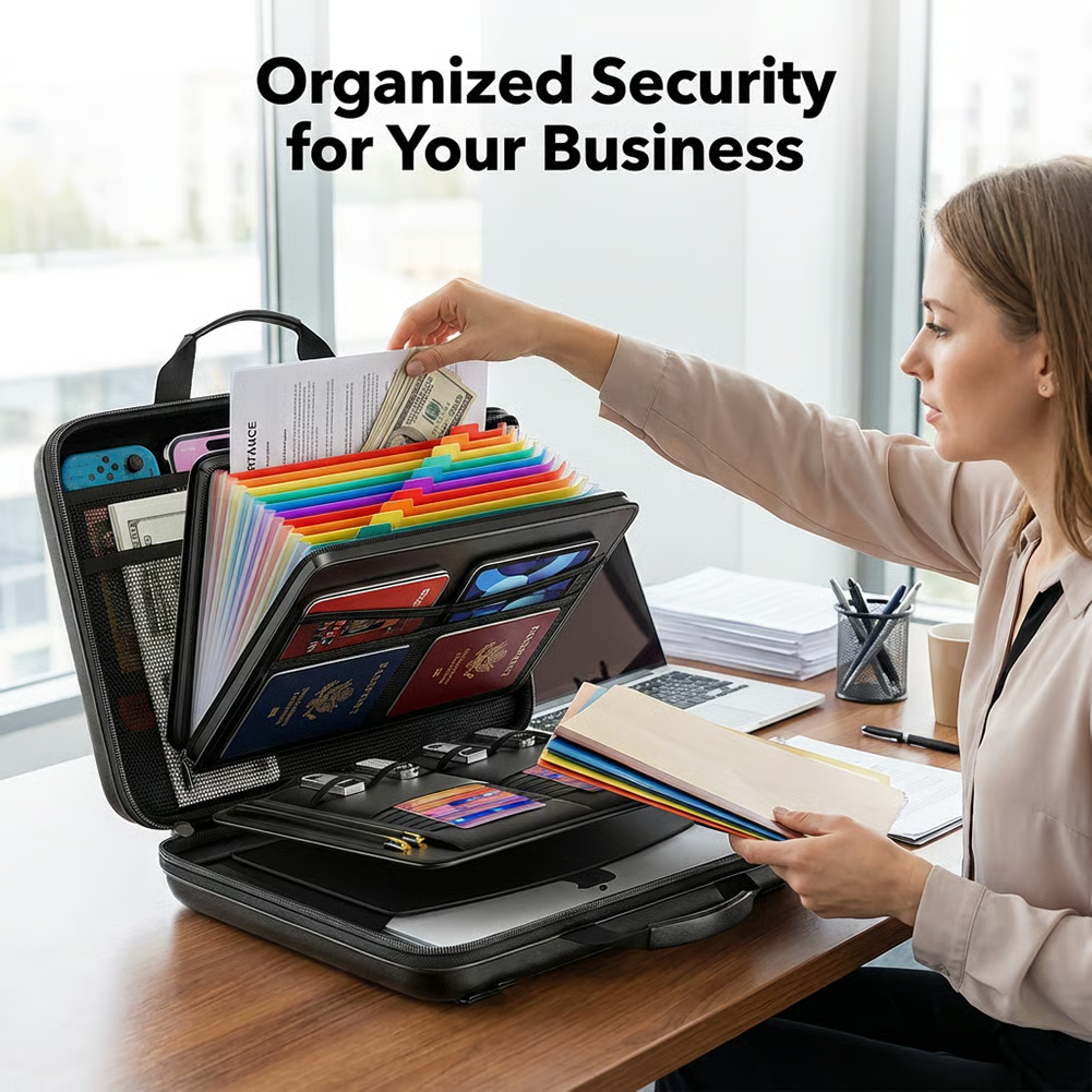 🔐 Hard-Shell Fireproof & Waterproof Document Organizer with Lock