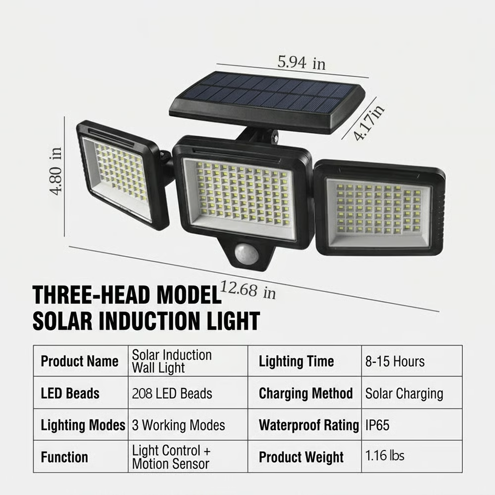 🌞 Three-Head Solar-Powered Sensor Wall Lamp - Smart Wireless Outdoor Lighting