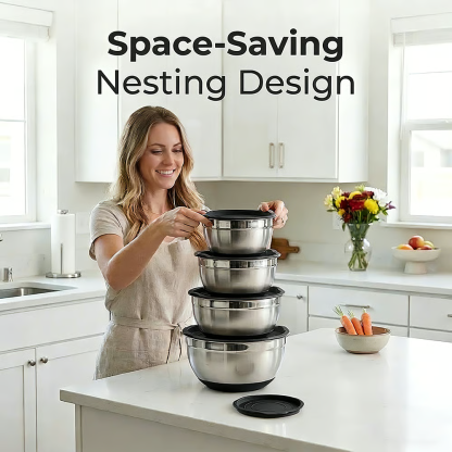 🥗 Stainless Steel Nested Mixing Bowl Set - 6 Pieces, with Lid and Grater
