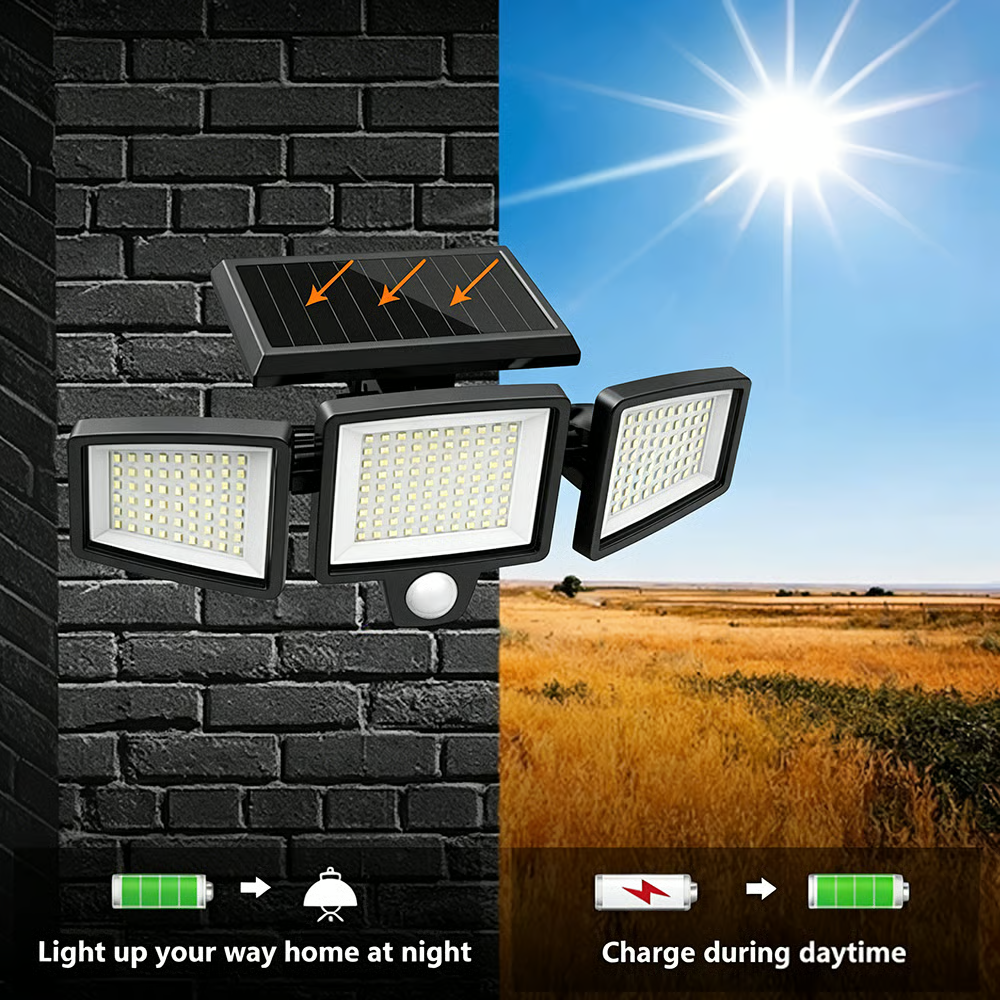 🌞 Three-Head Solar-Powered Sensor Wall Lamp - Smart Wireless Outdoor Lighting
