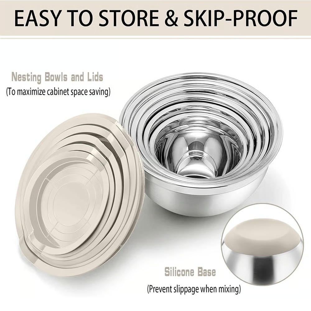 🥗 Stainless Steel Nested Mixing Bowl Set - 6 Pieces, with Lid and Grater