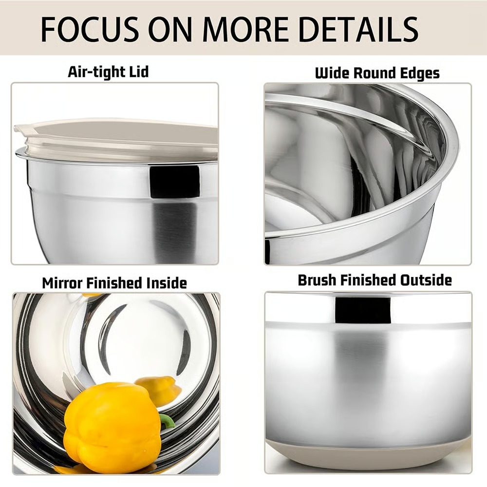 🥗 Stainless Steel Nested Mixing Bowl Set - 6 Pieces, with Lid and Grater