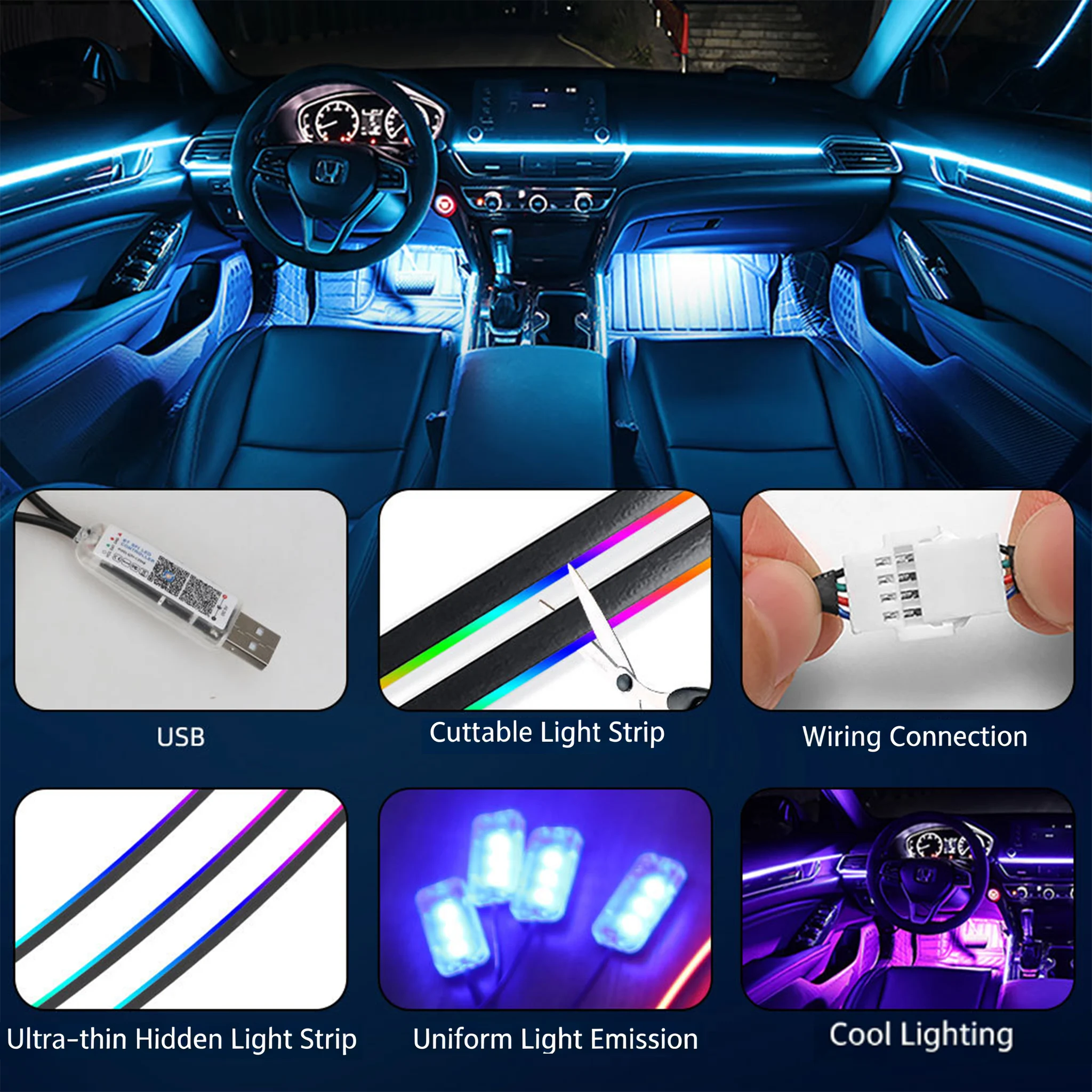 🚗3-Control Acrylic LED Car Interior Ambient Lighting